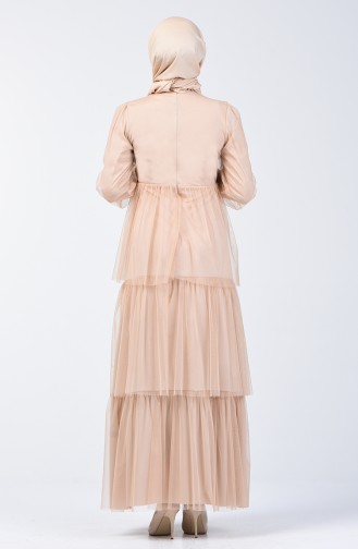 Robe de Soirée en Tulle Avec Pierre 6058-04 Beige 6058-04