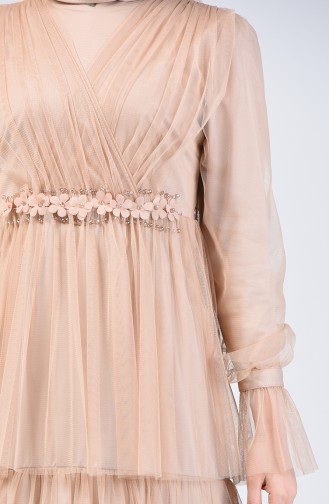 Robe de Soirée en Tulle Avec Pierre 6058-04 Beige 6058-04