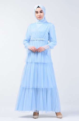 Robe de Soirée en Tulle Avec Pierre 6058-05 Bleu Bébé 6058-05