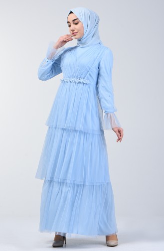 فستان سهرة تول مزين بالستراس أزرق فاتح 6058-05