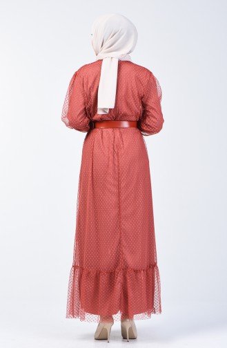 Tüy Detaylı Kemerli Abiye Elbise 2002-01 Kiremit