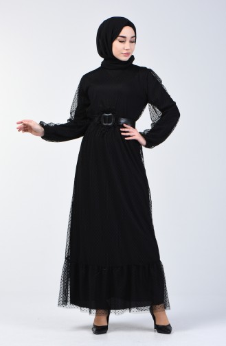 Tüy Detaylı Kemerli Abiye Elbise 2002-02 Siyah 2002-02