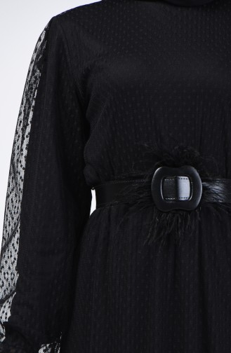 Tüy Detaylı Kemerli Abiye Elbise 2002-02 Siyah 2002-02