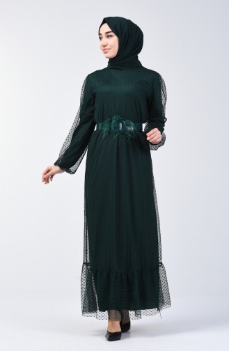 Tüy Detaylı Kemerli Abiye Elbise 2002-03 Zümrüt Yeşili