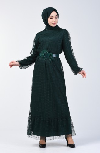 Tüy Detaylı Kemerli Abiye Elbise 2002-03 Zümrüt Yeşili 2002-03