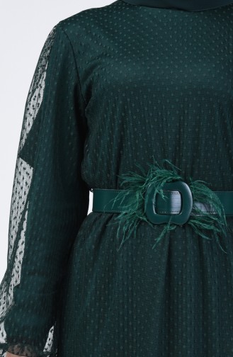 Tüy Detaylı Kemerli Abiye Elbise 2002-03 Zümrüt Yeşili