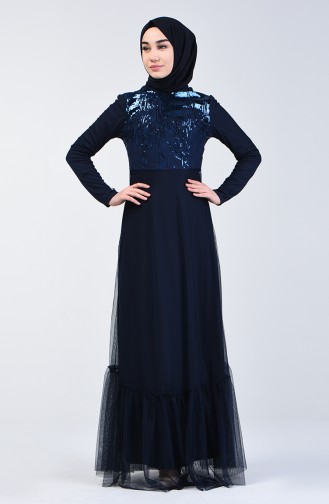 Sequin Evening Dress 5242-01 Navy Blue 5242-01