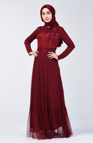 فستان سهرة مزين بالترتر أحمر كلاريت 5242-02