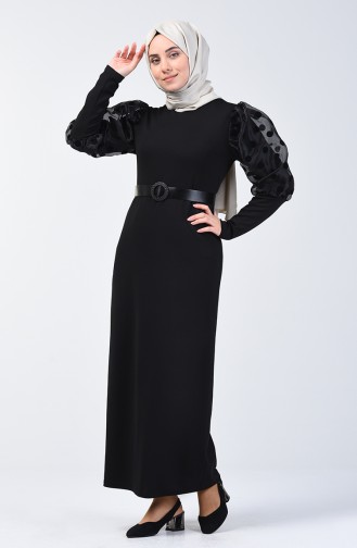 Balon Kol Kemerli Elbise 7063-01 Siyah