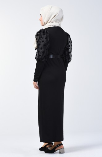 Balon Kol Kemerli Elbise 7063-01 Siyah