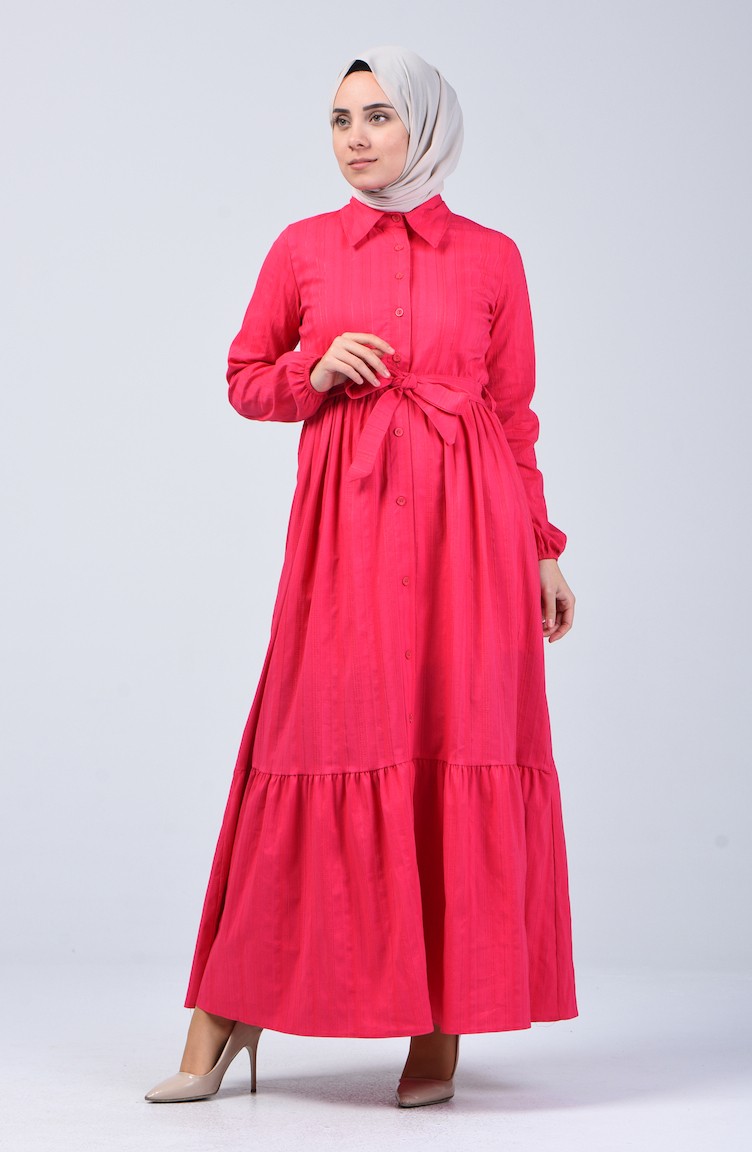 Geknöpftes Kleid mit Band 12A-12 Fuchsia 12A-12