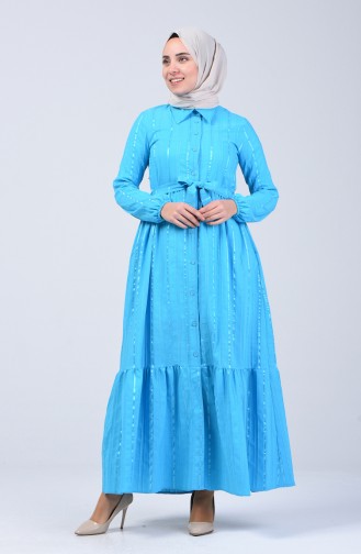 Geknöpftes Kleid mit Band 0014B-02 Blau 0014B-02