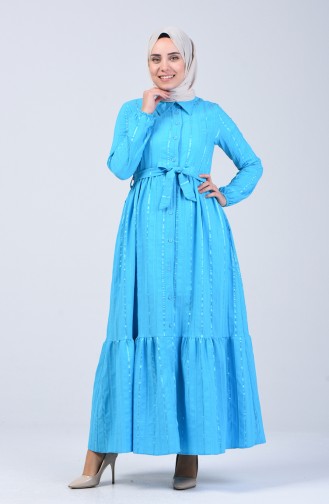 Geknöpftes Kleid mit Band 0014B-02 Blau 0014B-02