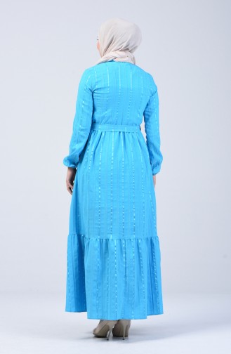 Boydan Düğmeli Kuşaklı Elbise 0014B-02 Mavi 0014B-02