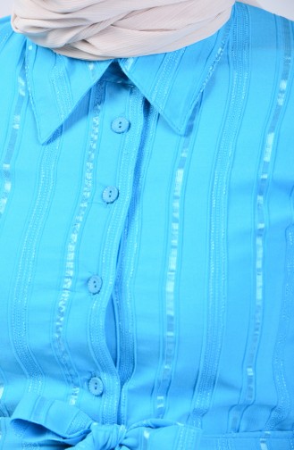 Boydan Düğmeli Kuşaklı Elbise 0014B-02 Mavi