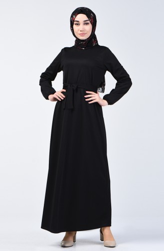 Kolu Lastikli Kuşaklı Elbise 2009-01 Siyah