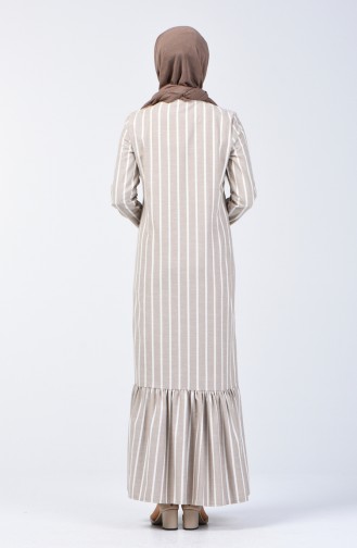 Çizgili Eteği Büzgülü Elbise 3147-03 Vizon