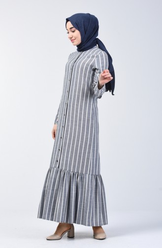 Striped Skirt Pleated Dress 3147-04 Navy Blue 3147-04