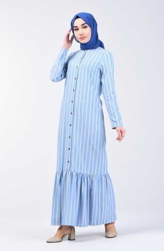 Çizgili Eteği Büzgülü Elbise 3147-05 Mavi