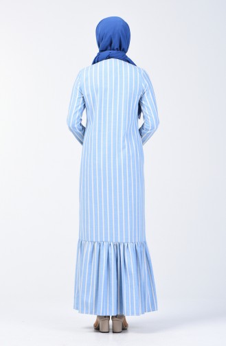 Çizgili Eteği Büzgülü Elbise 3147-05 Mavi