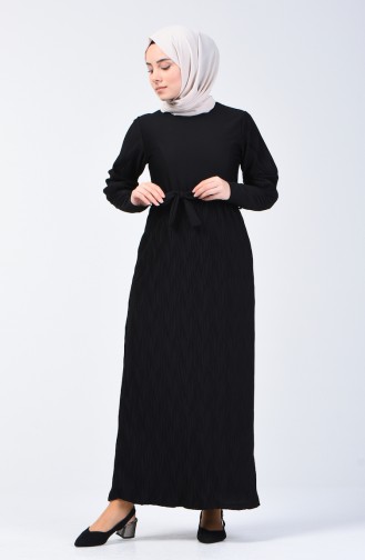 Kuşaklı Piliseli Elbise 4400-08 Siyah