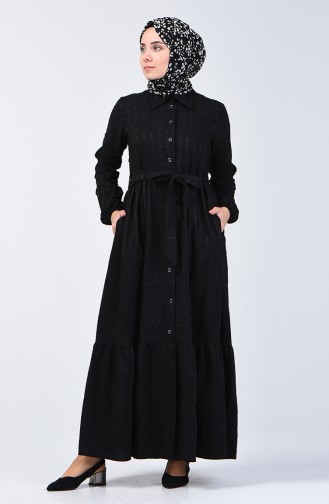 Boydan Düğmeli Kuşaklı Elbise 0014-01 Siyah