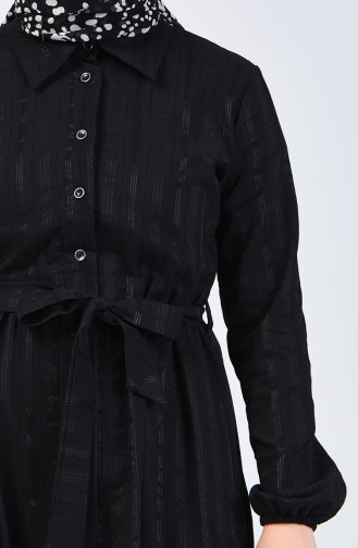 Boydan Düğmeli Kuşaklı Elbise 0014-01 Siyah