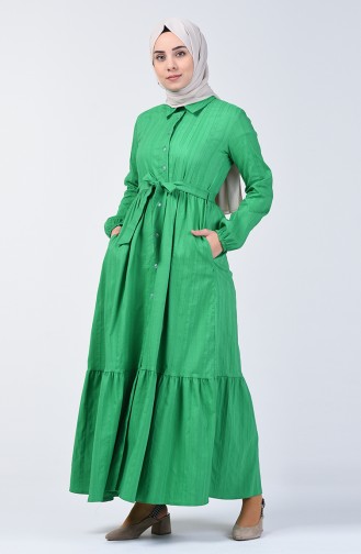 فستان طويل بأزرار وحزام أخضر 0014A-01
