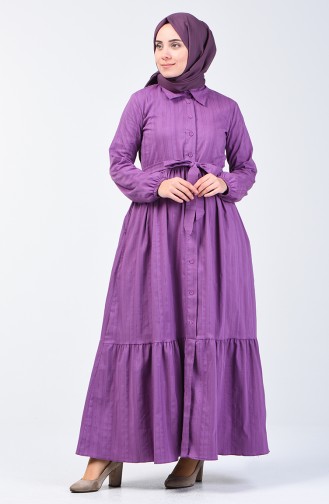 Boydan Düğmeli Kuşaklı Elbise 0014A-03 Koyu Lila