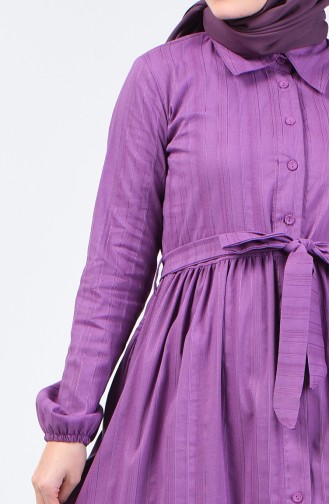 Boydan Düğmeli Kuşaklı Elbise 0014A-03 Koyu Lila