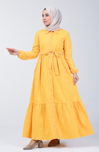 فستان طويل بأزرار وحزام أصفر 0014A-04