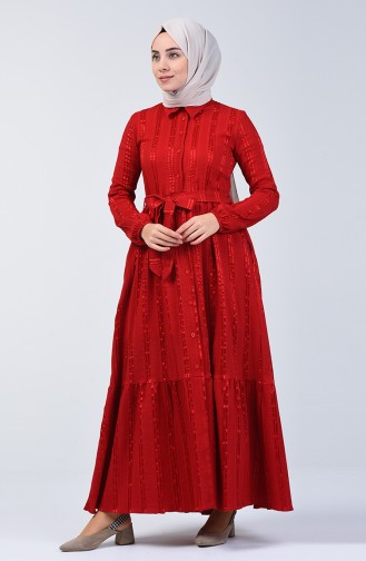 فستان طويل بأزرار وحزام أحمر 0014C-01