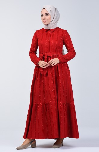 Robe Boutonnée Avec Ceinture 0014C-01 Rouge 0014C-01