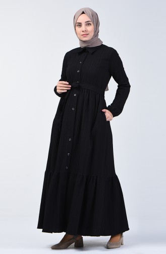 فستان طويل بأزرار وحزام أسود 0014D-01