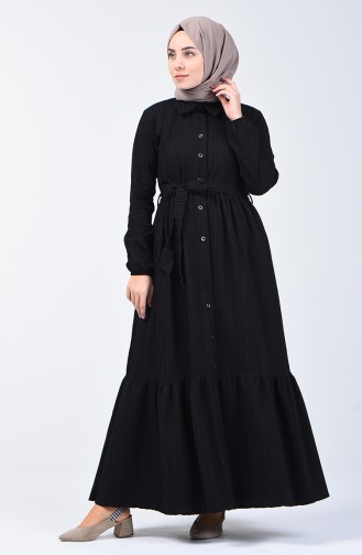 Boydan Düğmeli Kuşaklı Elbise 0014D-01 Siyah
