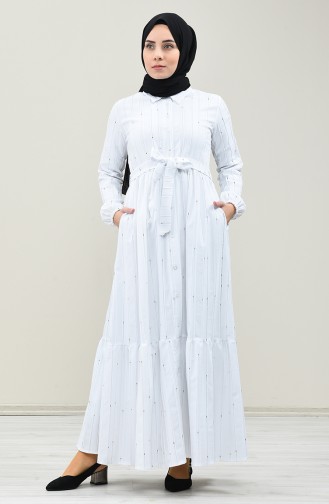 Boydan Düğmeli Kuşaklı Elbise 0014E-01 Beyaz 0014E-01