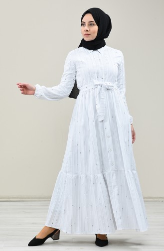 Boydan Düğmeli Kuşaklı Elbise 0014E-01 Beyaz 0014E-01