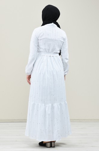 Boydan Düğmeli Kuşaklı Elbise 0014E-01 Beyaz
