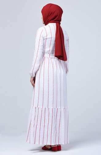 Boydan Düğmeli Kuşaklı Elbise 0014H-01 Beyaz Kırmızı