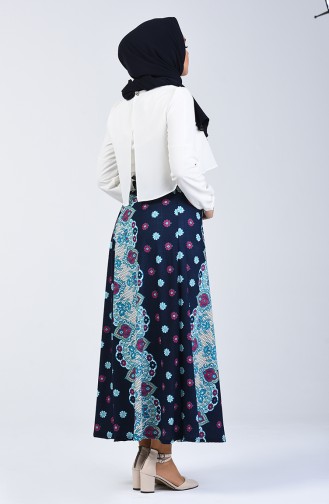 Elastic Waist Patterned Skirt 1067-01 Navy Blue 1067-01