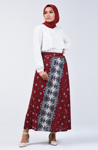 Elastic Waist Patterned Skirt 1067-03 Claret Red 1067-03