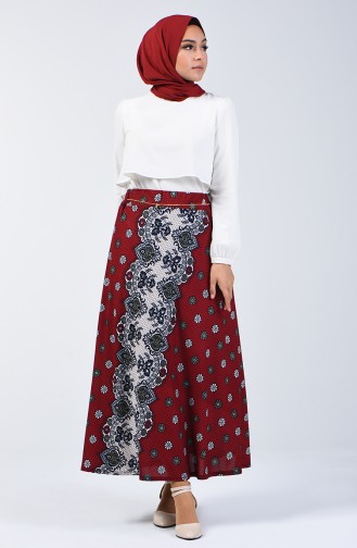 Elastic Waist Patterned Skirt 1067-03 Claret Red 1067-03
