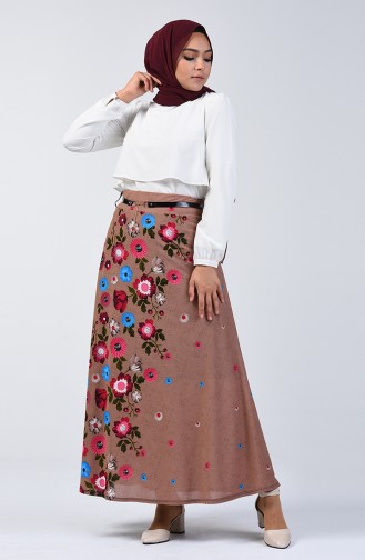 Elastic Waist Belted Skirt 1074-01 Milk Coffee 1074-01