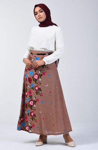 Elastic Waist Belted Skirt 1074-01 Milk Coffee 1074-01