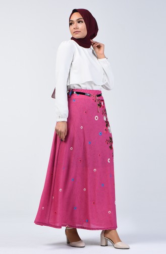 Elastic Waist Belted Skirt 1074a-01 Fuchsia 1074A-01