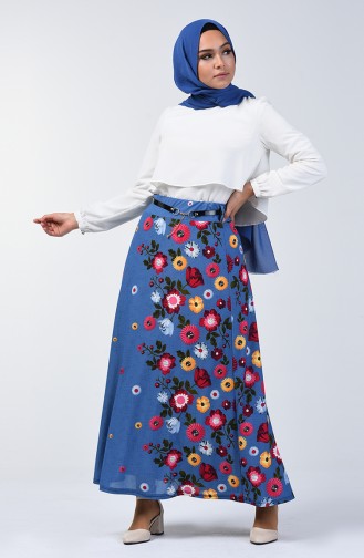 Elastic Waist Belted Skirt 1074A-02 Indigo 1074A-02
