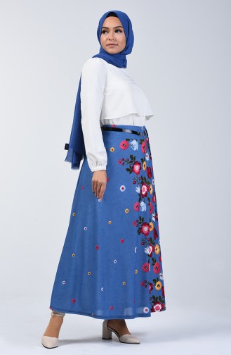 Elastic Waist Belted Skirt 1074A-02 Indigo 1074A-02