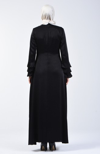 Kolu Volanlı Jakarlı Elbise 8165-02 Siyah