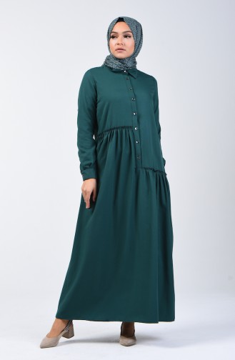 Büzgü Detaylı Elbise 3144-04 Zümrüt Yeşili