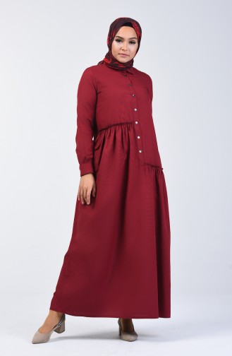 Shirring Detailed Dress 3144-07 Burgundy 3144-07